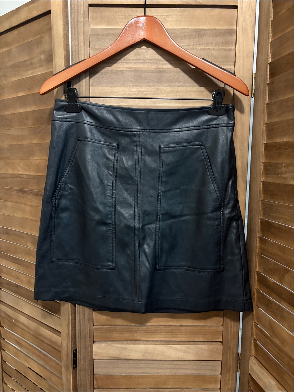 LOFT Black Leather Mini Skirt with Front Patch Pockets